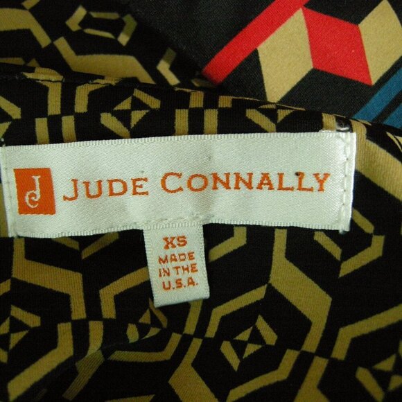 Jude Connally Size XS Flare Sleeve Dress V Neck Nylon Spandex Geom Printed USA - Picture 4 of 4